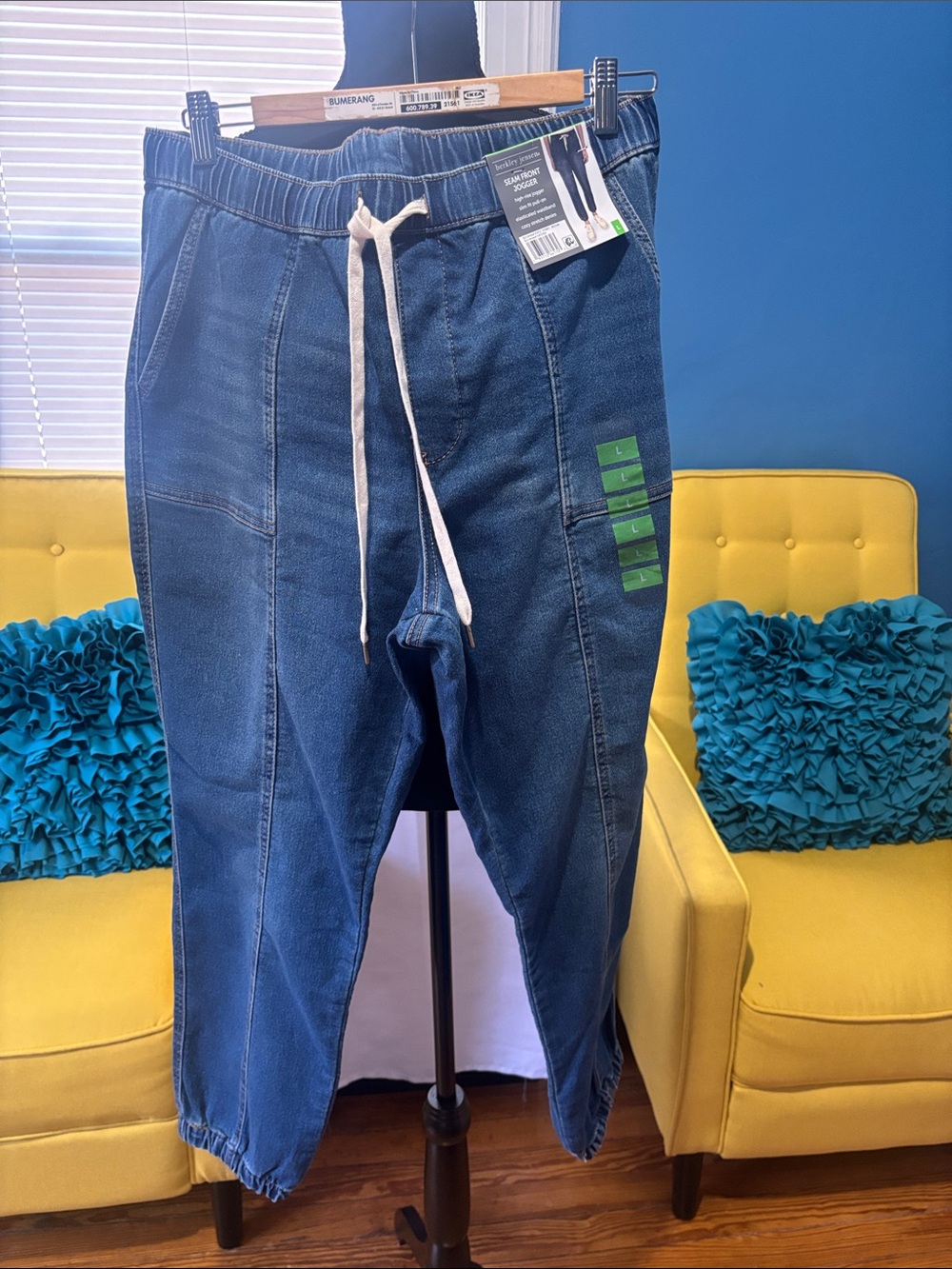 Blue Denim Jogger Pants with Drawstring elastic waist size large